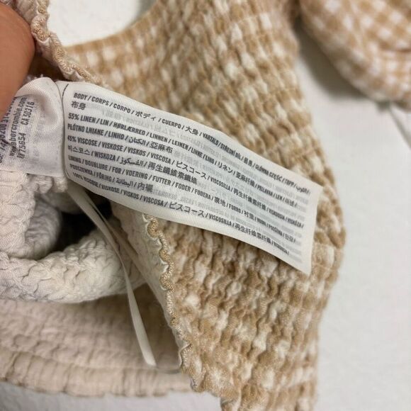 Abercrombie & Fitch Smocked Top Tan & White Gingham Print Short Sleeve Going Out - Picture 9 of 9
